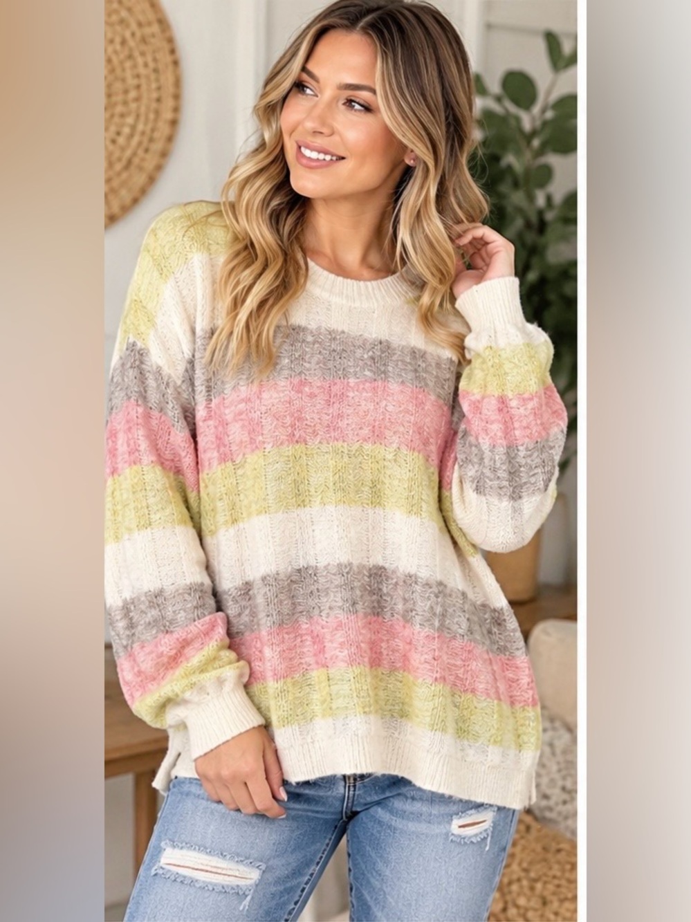 New In Brand Cozy Soft Cable-Knit Crewneck Striped Sweater - New In Bag
